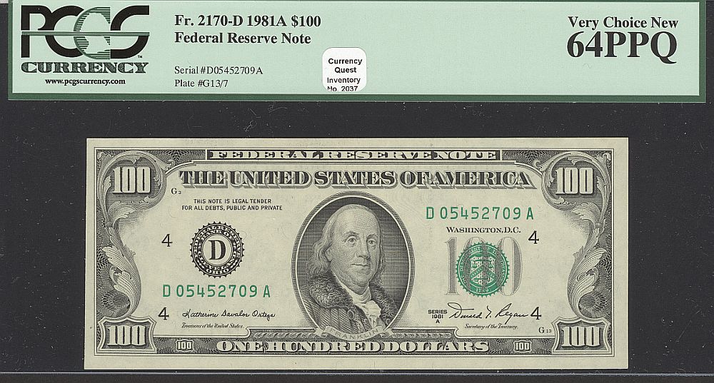 Fr.2170-D, 1981A $100 Cleveland FRN, Very Choice CU, D05452709A, PCGS64-PPQ